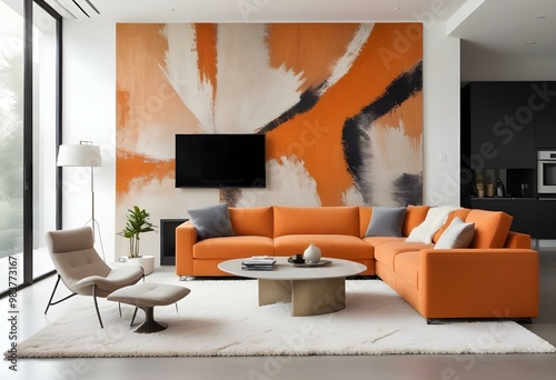 A modern living room with an orange sectional sofa, a large abstract painting on the wall, and a shag rug on the floor. The room has a minimalist and contemporary design aesthetic. photo