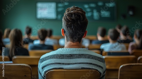 A diverse group of students attentively listens to a lesson in a well-lit classroom, with one student highlighted in the foreground, focusing on the teacher's engaging discussion