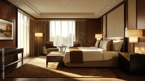 Elegant modern hotel room interior with natural light and stylish furnishings in the morning