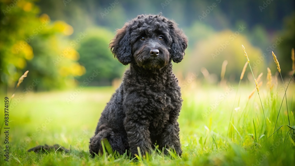 Cute, fluffy black mini goldendoodle dog sitting attentively in grassy field Cute, fluffy black mini goldendoodle dog sitting attentively in grassy field