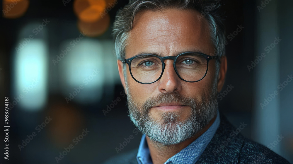 Close-up portrait of a man with glasses and a beard. Close-up portrait of a man with glasses and a beard.