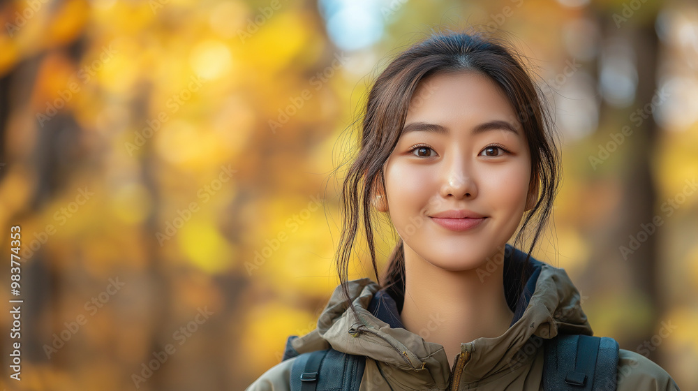 ヘルシーな雰囲気の若い韓国人女性の紅葉登山素材_秋のアウトドアハイキング写真 ヘルシーな雰囲気の若い韓国人女性の紅葉登山素材_秋のアウトドアハイキング写真
