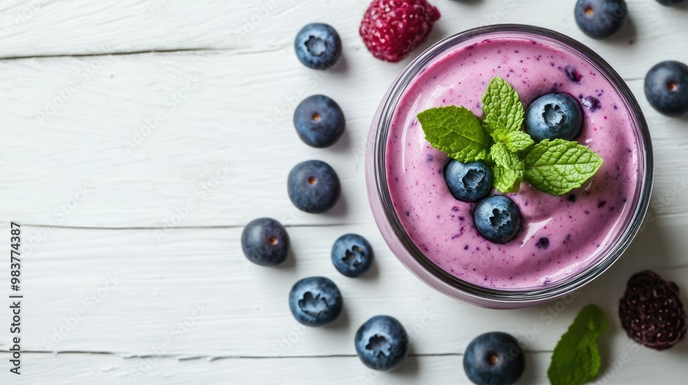 A close-up of creamy blueberry yogurt on a white wooden table, with fresh berries and mint leaves on top A close-up of creamy blueberry yogurt on a white wooden table, with fresh berries and mint leaves on top