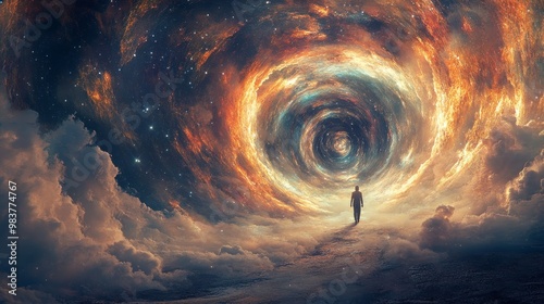 A mystical portal opens in the sky, revealing a swirling vortex of stars and cosmic dust leading to an alternate universe, vibrant and surreal