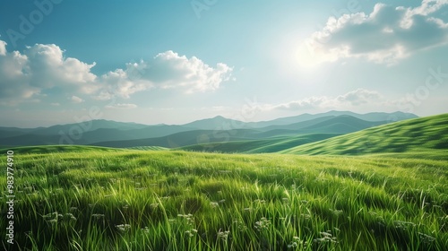 Serene Green Meadow with Rolling Hills and Bright Sunlight â€“ Peaceful Landscape Photograph for tranquil outdoor scenes and nature backgrounds.