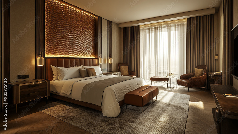 Modern hotel room interior with natural light and elegant decor in a luxury setting Modern hotel room interior with natural light and elegant decor in a luxury setting