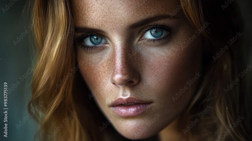 Close-up portrait of a woman with striking blue eyes and freckles. Close-up portrait of a woman with striking blue eyes and freckles.