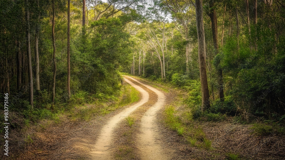 A sandy off-road bush track winds through the dense forest, offering a sense of adventure under the wide, open sky A sandy off-road bush track winds through the dense forest, offering a sense of adventure under the wide, open sky