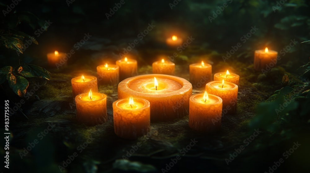 A ring of soft glowing candles, their warm light gently illuminating the dark room, shadows dancing on the walls, creating a tranquil and serene atmosphere