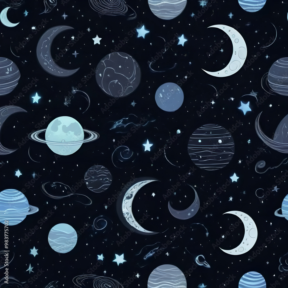 Seamless pattern of mystical celestial objects like crescent moons, stars, and planets with glowing outlines, set against a deep, dark space background Seamless pattern of mystical celestial objects like crescent moons, stars, and planets with glowing outlines, set against a deep, dark space background