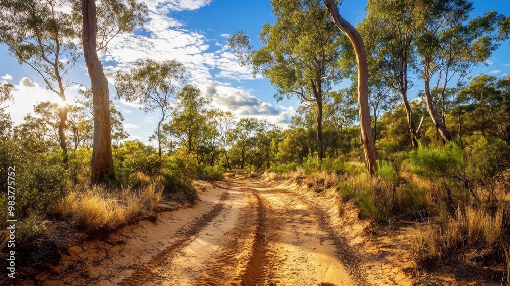 Fototapeta premium A sandy trail winds through the outback forest with towering trees and bright skies, evoking adventure and exploration