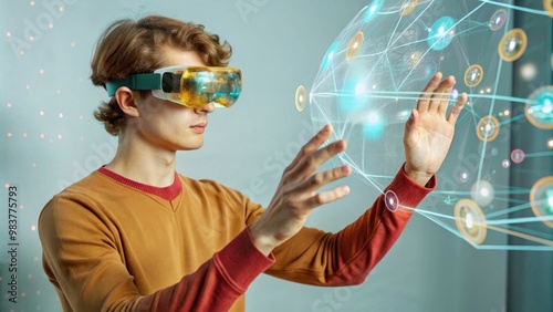 Young guy wearing VR Glasses Interacting with Holographic Interfaces photo