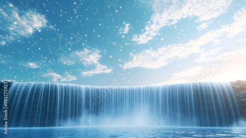 A serene minimalist 3D waterfall flowing gracefully under a vivid blue sky with light clouds and stars softly glowing like fireflies at dusk