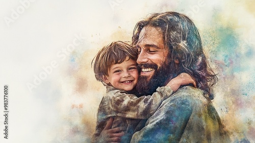 Jesus Christ with a kid in his arms, smiling. Digital watercolor painting transparent background photo