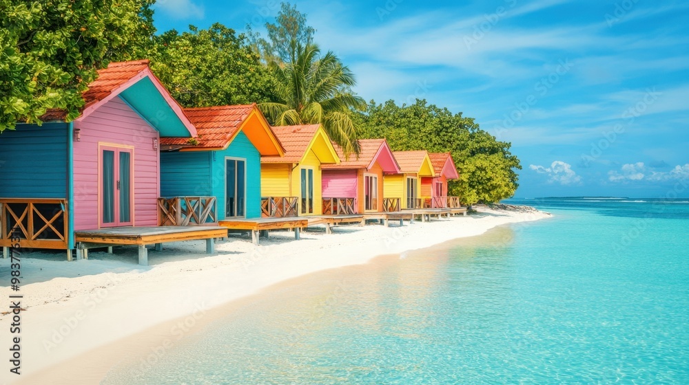 A row of vibrant bungalows along a white sandy beach with clear turquoise water and a bright blue sky, perfect for travel.