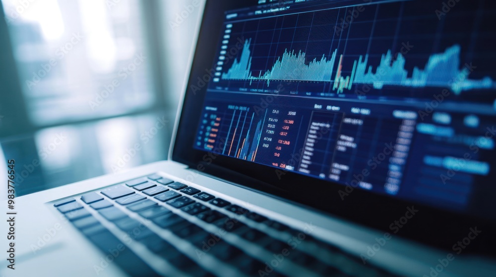 A laptop displaying financial data and stock market graphs for analysis. A laptop displaying financial data and stock market graphs for analysis.