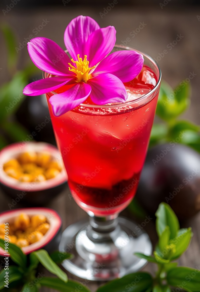 A glass of pink drink with a flower on it and two pears on the side
