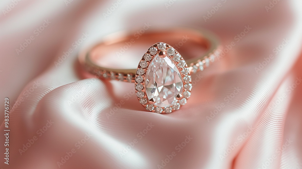 A rose gold engagement ring with a pear-shaped diamond. The band is encrusted with tiny diamonds, creating a sparkling halo effect around the center stone. Set on a soft pink satin background with nat