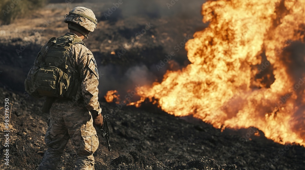 A soldier gazing intently at burning oil, capturing the intensity of the moment and the emotions of conflict, reflecting themes of war, sacrifice, and resilience, set against a dramatic backdrop A soldier gazing intently at burning oil, capturing the intensity of the moment and the emotions of conflict, reflecting themes of war, sacrifice, and resilience, set against a dramatic backdrop