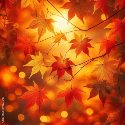 Maple leaves showcasing changing fall colors in a beautiful autumn background