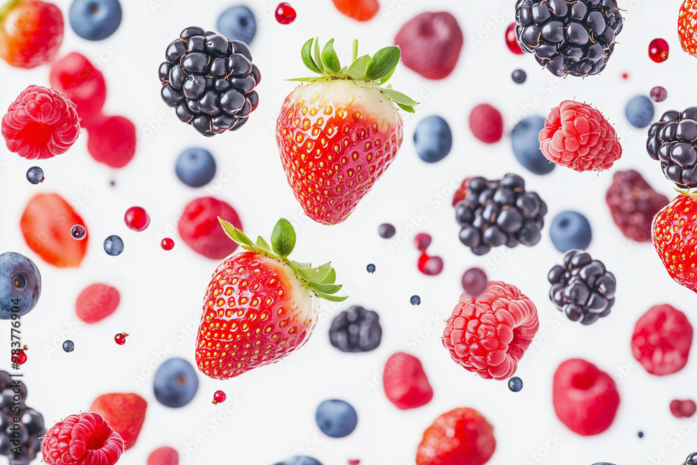 close up of a variety of berries and strawberries. Concept of abundance and freshness, with the bright colors of the fruits creating a lively and cheerful mood close up of a variety of berries and strawberries. Concept of abundance and freshness, with the bright colors of the fruits creating a lively and cheerful mood