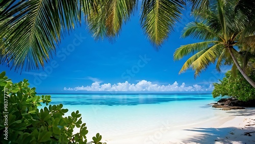 Lush tropical island with white sandy beach and sparkling clear waters under bright blue sky_003