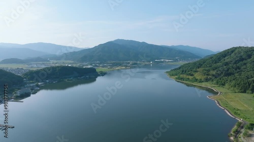 湖の空撮　田舎の景色　三方五湖の風景　福井県美浜町の久々子湖　ドローン撮影　その4