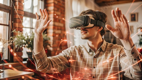 Young man wearing VR Glasses Interacting with Holographic Interfaces photo