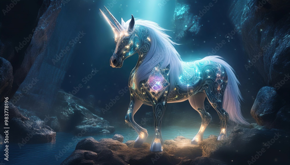 A magical unicorn stands in a mystical cavern illuminated by shimmering light, showcasing its sparkling, enchanting beauty. A magical unicorn stands in a mystical cavern illuminated by shimmering light, showcasing its sparkling, enchanting beauty.