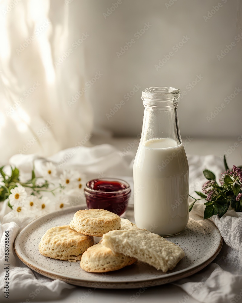 A cozy breakfast scene featuring milk, biscuits, and jam, complemented by flowers. A cozy breakfast scene featuring milk, biscuits, and jam, complemented by flowers.