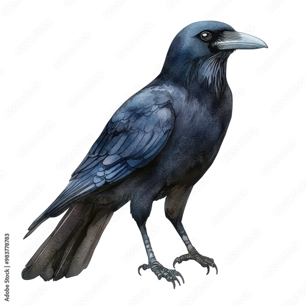 Fototapeta premium A raven and a crow standing on a white background, showcasing their distinct features in a simple, isolated settingA raven and a crow standing on a white background, showcasing their distinct features