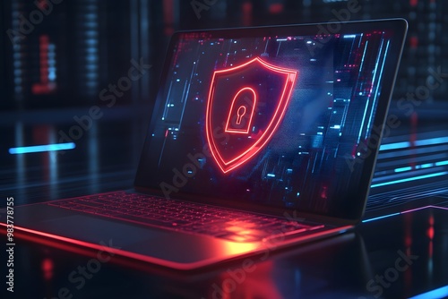 Laptop with a digital shield and lock on the screen, signifying data protection in a cybersecurity concept.