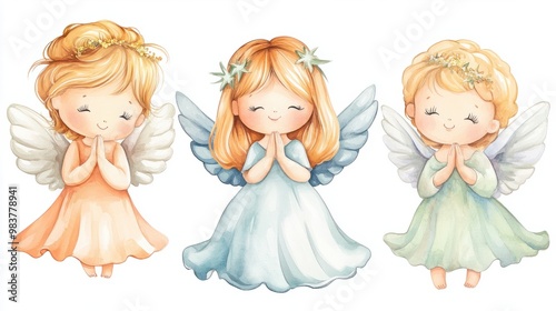 set of cute little Angels on transparent Background in watercolor, generated ai transparent background