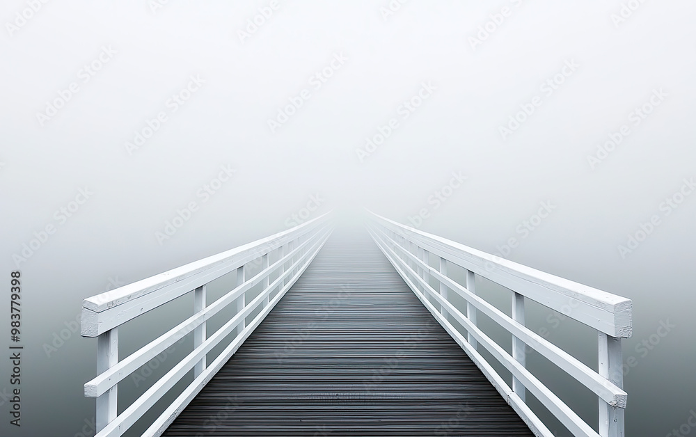 A serene wooden pier disappears into a tranquil fog, evoking a sense of mystery and calm in nature's embrace. A serene wooden pier disappears into a tranquil fog, evoking a sense of mystery and calm in nature's embrace.