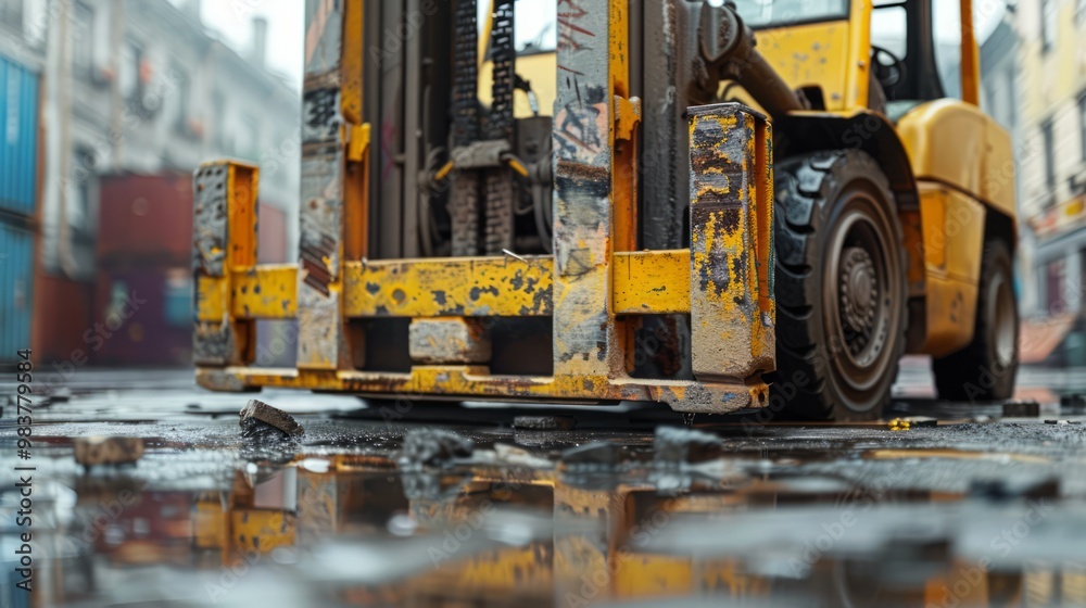Close-up forklift, hydraulic arms, pallet in foreground Close-up forklift, hydraulic arms, pallet in foreground