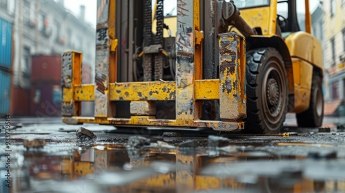 Close-up forklift, hydraulic arms, pallet in foreground