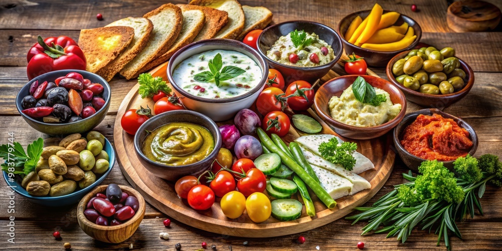 Enjoy a vibrant Greek meze platter with fresh vegetables, olives, different cheeses, and tempting dips, elegantly Enjoy a vibrant Greek meze platter with fresh vegetables, olives, different cheeses, and tempting dips, elegantly