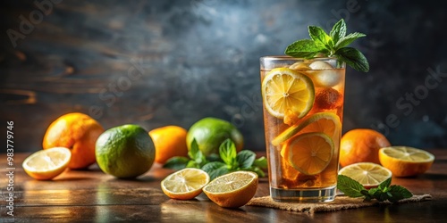 Close up of a refreshing Long Island Iced Tea with citrus slices and mint leaves, cocktail, drink, Long Island, iced tea