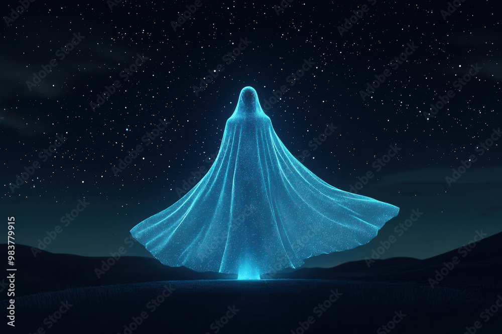 A mystical ghost figure with a glowing blue aura stands under a starry night sky, evoking a sense of wonder and mystery.