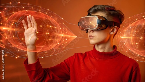 Young guy wearing VR Glasses Interacting with Holographic Interfaces photo