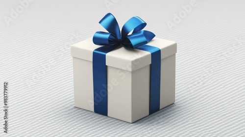 The 3D render shows a white and blue gift box with blue ribbon. An isolated package with a glossy bow. The package could be used for a holiday present, bonus, prize or as a male birthday, Christmas,