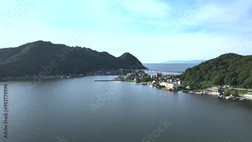 湖の空撮　田舎の景色　三方五湖の風景　福井県美浜町の久々子湖　ドローン撮影　その2