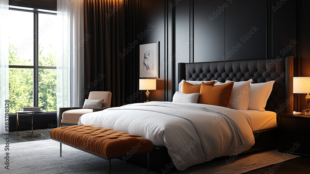 Fototapeta premium Modern bedroom interior featuring a large bed with orange accents and ample natural light