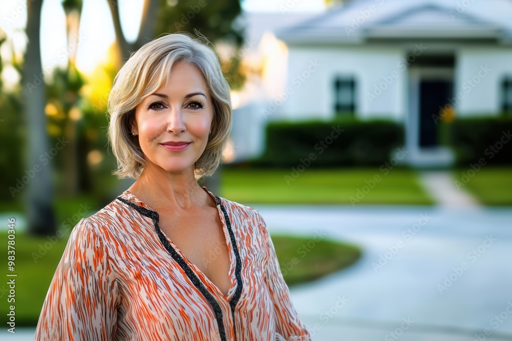 Happy smiling attractive beautiful confident woman posing with her arms crossed looking at the camera At her home front yard Happy smiling attractive beautiful confident woman posing with her arms crossed looking at the camera At her home front yard