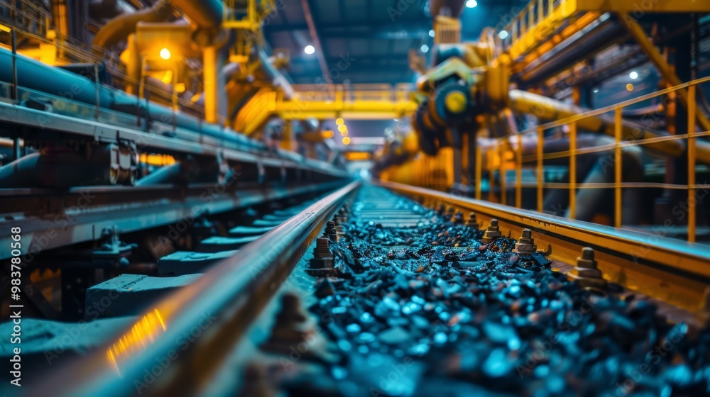 Dynamic scene of heavy machinery and conveyor belts processing materials, highlighting the scale and energy of industrial operations Dynamic scene of heavy machinery and conveyor belts processing materials, highlighting the scale and energy of industrial operations