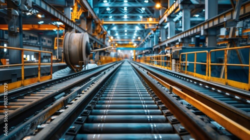 Dynamic scene of heavy machinery and conveyor belts in a large industrial plant, with emphasis on movement and productivity