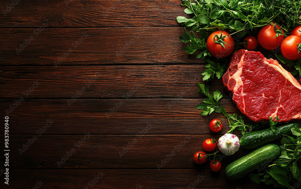 Fresh raw meat surrounded by vibrant vegetables on a rustic wooden table, ideal for food photography and culinary promotion. Fresh raw meat surrounded by vibrant vegetables on a rustic wooden table, ideal for food photography and culinary promotion.