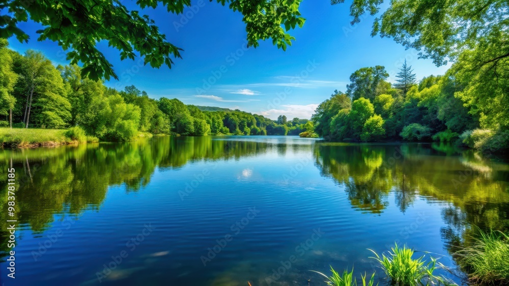 Serene lake surrounded by lush green trees and clear blue skies, scenic, nature, tranquil, landscape, water, reflection Serene lake surrounded by lush green trees and clear blue skies, scenic, nature, tranquil, landscape, water, reflection