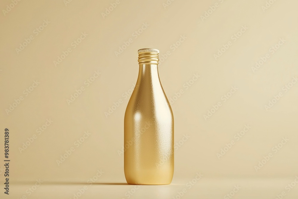 A Single Gold Glass Bottle on a Light Tan Background A Single Gold Glass Bottle on a Light Tan Background