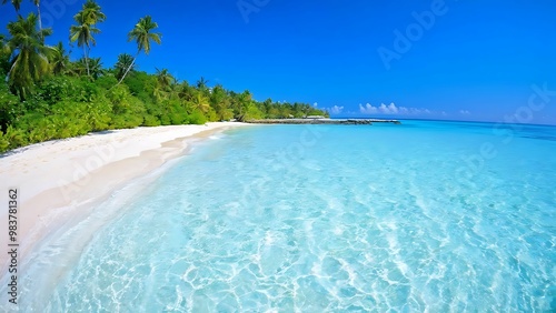 Lush tropical island with white sandy beach and sparkling clear waters under bright blue sky_069